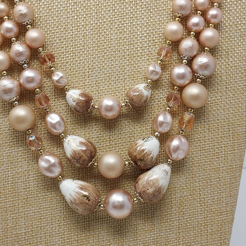 Vintage Japan 3 Strand Bead Necklace Faux Pearl Acrylic Ceramic MCM Champagne